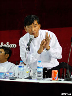 88-Generation Student leader Min Ko Naing speaks during a press conference in Rangoon on Saturday, January 21, 2012.