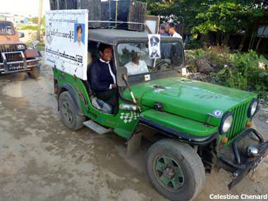 South Okkalapa Township independent candidate Kaung Myint Htut rallies in his jeep in the final days before the election. He lost an uphill battle on Sunday after standing against the heavily SPDC-backed Union Solidarity and Development Party (USDP) candidate, Rangoon Mayor Aung Thein Lin. Photo: Celestine Chenard