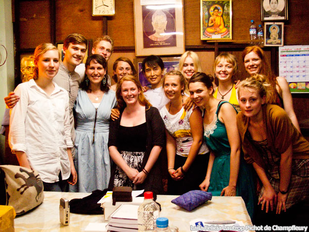 Aung San Suu Kyi with a group of Danish students and teachers at the National League for Democracy office in Rangoon in early April, 2011. Photo: Laila Felicia Lautrop Pichot de Champfleury DASSK-with--group-of-Danish-students