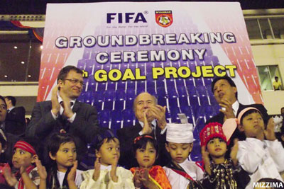FIFA president Sepp Blatter, center, and Myanmar Football Federation president Zaw Zaw, right, at a ceremony to mark the renovation of the Thuwanna Youth Training Centrer Stadium in Rangoon on Tuesday, March 15, 2011. Photo: Mizzima