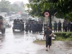Security forces gather in Rangoon in response to a group of 200 protesters who tried to march to Sule Pagoda on Monday, September 26, 2011. The protesters, who were trying to mark the fourth anniversary of the 'Saffron Revolution,' were stopped and dispersed. Photo: Mizzima