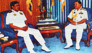 The Burma Navy Chief Nyan Tun met Z U Ahmed, Chief of Staff of Bangladesh Navy, at Naval headquarters in Dhaka Yesterday. Photo by: theindependentbd Myanmar-Navy-Vice-Admiral-Nyan-Tun