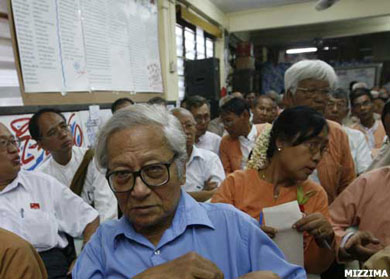 Senior National League for Democracy leader Win Tin attends a party meeting at which the NLD decided not to re-register with the junta’s Union Election Commission for the 2010 general elections. Photo: Mizzima nld-not-re-register3-march