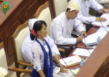 Burmese opposition leader Aung San Suu Kyi speaks to the Lower House of Parliament in Naypyitaw in July 2012. Suu Kyi called for laws to protect the rights of ethnic minorities in her inaugural speech to the Parliament. Photo: Mizzima