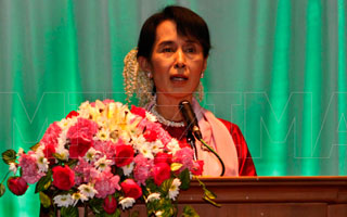 Opposition leader Aung San Suu Kyi speaks at The Art of Freedom film festival in Rangoon in this file photo. Photo: Mizzima