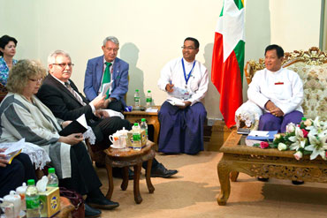 A European delegation meets with the chairman of the Election Commission Tin Aye, right, in this file photo. Photo: European Commission 