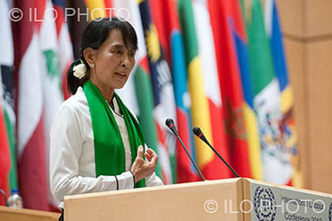 Aung San Suu Kyi addresses the International Labour Organization in Geneva during her European tour in June. Photo: ILO
