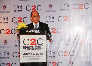 Burmese President Thein Sein speaks during the US-Asean business forum and dinner in Siem Reap in July.  Photo: President's Office