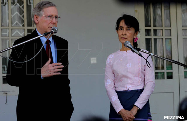 US Sen. Mitch McConnell and Aung San Suu Kyi at her home in Rangoon in June. The US Senate is now considering the extension of trade sanctions on Burma. Suu Kyi has asked McConnell to work to remove more sanctions. Photo: Mizzima US Sen. Mitch McConnell and Aung San Suu Kyi at her home in Rangoon in June. The US Senate is now considering the extension of trade sanctions on Burma. Suu Kyi has asked McConnell to work to remove more sanctions. Photo: Mizzima