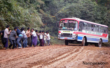 A rough stretch of road between Kyauk Phyu and Rangoon in Rakhine State, where relations are tense between Buddhists and Muslims following the reported rape and murder of a Rakhine woman. Nine people believed to be Muslims were murdered in an attack by angered Buddhists. Photo: Narinjara