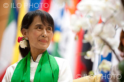 Aung San Suu Kyi at the ILO meeting in Geneva, Switzerland, the first stop on her two-week tour of European cities, marking her return to Europe after nearly 25 years, much of that period spent under house arrest in Burma. Photo: ILO