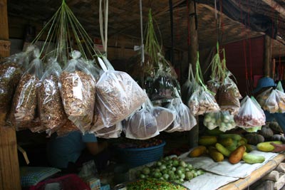 many of the ingredients for chewing the betel nut are shown hanging in a shop in the camp. Photo: Kantarawaddy Times