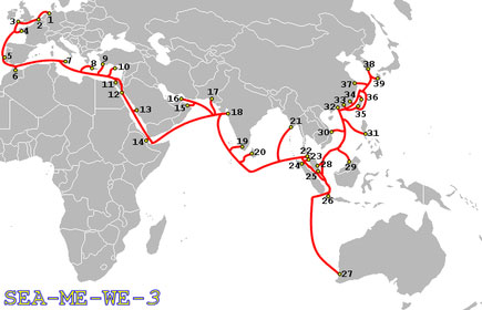 The route of the US$1.5 billion SEA-ME-WE-3 optic cable which is used by 34 countries. The route of the US$1.5 billion SEA-ME-WE-3 optic cable which is used by 34 countries.