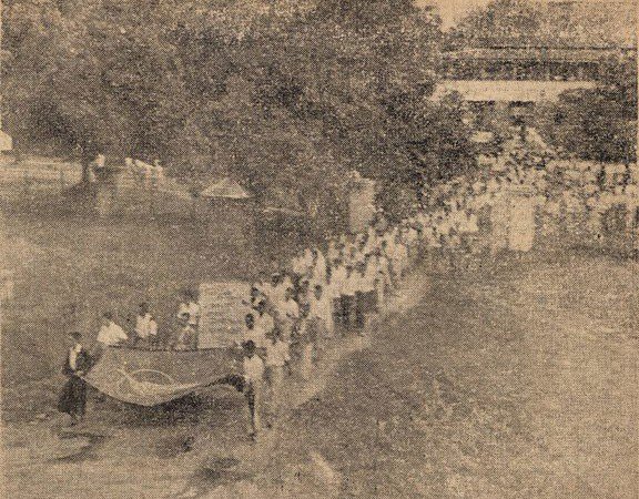 Students gather for a strike on the campus of Rangoon University on July 7, 1962.