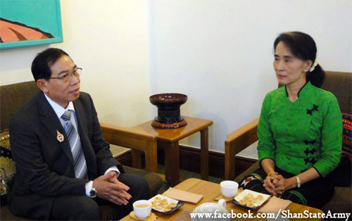 Meeting between Lt-Gen Yawdserk, chairman of the Restoration Council of Shan State / Shan State Army (RCSS/SSA) and Aung San Suu Kyi, the leader of Nationalities League for Democracy (NLD) (Photo: Shan State Army) Meeting between Lt-Gen Yawdserk, chairman of the Restoration Council of Shan State / Shan State Army (RCSS/SSA) and Aung San Suu Kyi, the leader of Nationalities League for Democracy (NLD) (Photo: Shan State Army)