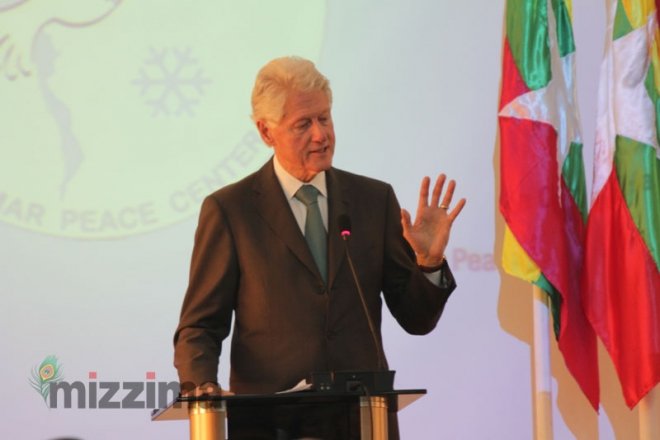Former American president Bill Clinton talks at the Myanmar Peace Center