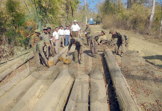 ပဲခူးတိုင်း၊ သာယာဝတီခရိုင်၊ နတ်တလင်းမြို့ တောင်ညိုသစ်တောကြိုးဝိုင်းတွင်ဖမ်းဆီးရမိသည့် တရားမဝင် သစ်များကို တွေ့ရစဉ်။ (ဓာတ်ပုံ - ရေခဲ (ပြည်)၊ မဇ္ဈိမ) Tharyarwati-wood