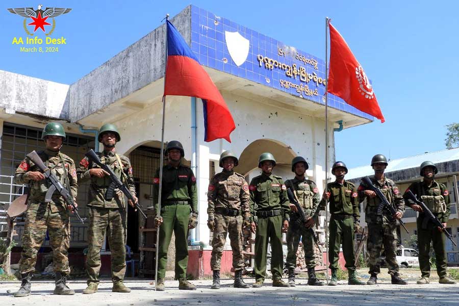 Arakan Army troops following the capture of junta outposts along the Sittwe-Ponnagyun border.