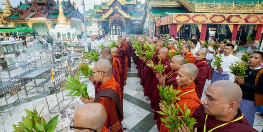 Buddhist nationalist groups set off on September 14 to begin two weeks of celebrations of the four controversial race and religion bills recently signed into law. The rally of monks and lay people, including representatives of the Ma Ba Tha, began their prayers and celebrations at the Shwedagon Pagoda in Yangon. Photo: Hong Sar/Mizzima