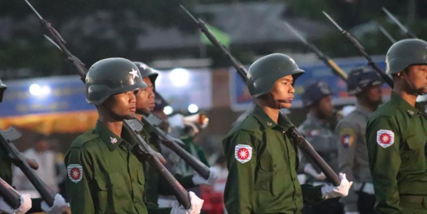 Military personnel at an event marking the 72nd Anniversary of Independence Day in Sittwe, Arakan State. Photo_Toe Myat
