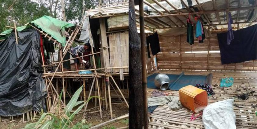 မေလ ၂၁ ရက်နေ့က လေပြင်းတိုက်ခတ်မှုကြောင့် ဘူးသီးတောင်မြို့၊ ဂန္ဓာရုံစစ်ဘေးရှောင်စခန်းတွင် နေအိမ်ပျက်စီးသွားစဉ်။