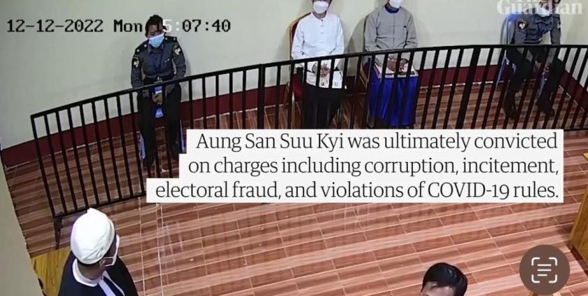 Courtroom CCTV footage of Daw Aung San Suu Kyi and U Win Myint from 2022 was reported by The Guardian on June 19. (Photo - The Guardian)