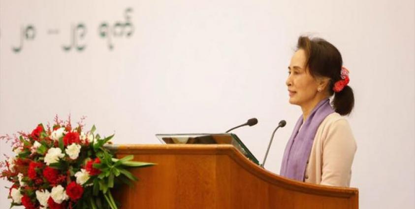 State Counsellor Daw Aung San Suu Kyi attends the Education Development Implementation Conference 2020 (Basic Education Sector) and delivers the opening speech in Nay Pyi Taw on January 28. Photo: Myanmar State Counsellor Office