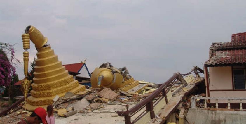 Damaged Buddha statues in Tarlay on 26 March 2011 after the 6.9 magnitude earthquake hit in eastern Shan State.