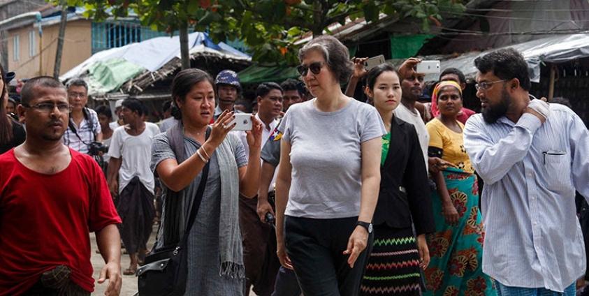 Yanghee Lee (C), the United Nations Special Rapporteur on the situation of human rights in Myanmar, visits Aung Mingalar Muslim quarter in Sittwe of Rakhine State, western Myanmar, 23 June 2016. Photo: Nyunt Win/EPA