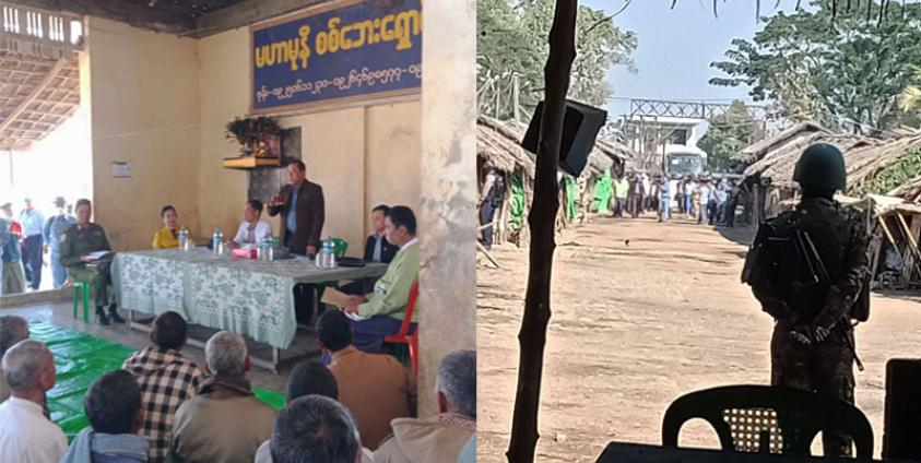 စစ်ကောင်စီဝန်ကြီးများ ကျောက်တော်မြို့နယ်၊ မဟာမုနိစစ်ဘေးရှောင်စခန်းသို့ ရောက်ရှိစဉ် မြင်ကွင်းများ။