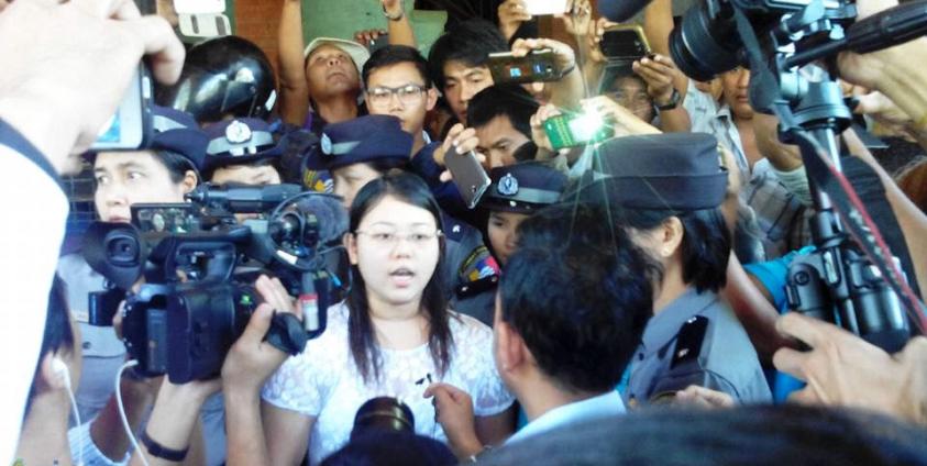 Chaw Sandi Tun speaks to media outside Maubin township court after being sentenced to six months in jail on 28 December 2015. Photo: Yin Mon Khing/Mizzima