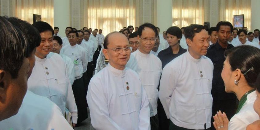 President Thein Sein (C) greets members of the Union Solidarity and Development Party during their first conference in Naypitaw on October 14, 2012. Photo: Mizzima