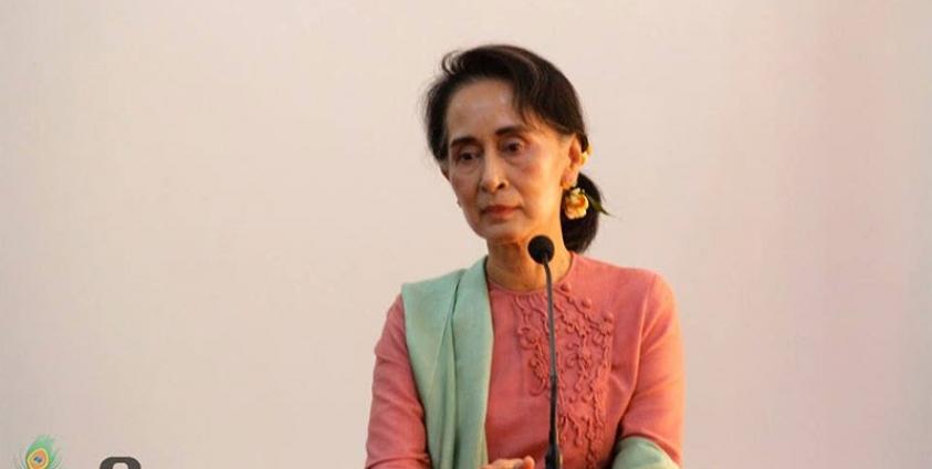 Myanmar Foreign Minister Aung San Suu Kyi during a joint press conference with Foreign Minister Wang Yi, following their meeting at the Ministry of Foreign Affairs in Nay Pyi Taw on 5 April 2016. Photo: Min Min/Mizzima