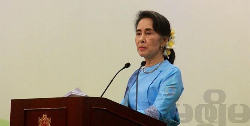 Myanmar's State Counsellor and Foreign Minister Aung San Suu Kyi speaks during Myanmar Entrepreneurship Summit 2016 at Myanmar International Convention Center (MICC-2) in Naypyitaw, on 22 October 2016. Photo: Min Min/Mizzima