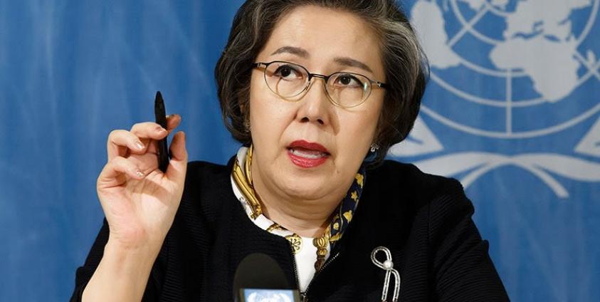 Ms Yanghee Lee, Special Rapporteur on the situation of human rights in Myanmar, talks to the media during a press conference after she presented her report to the 34th session of the Human Rights Council, at the European headquarters of the United Nations in Geneva, Switzerland, 13 March 2017.  Photo: Salvatore Di Nolfi/EPA