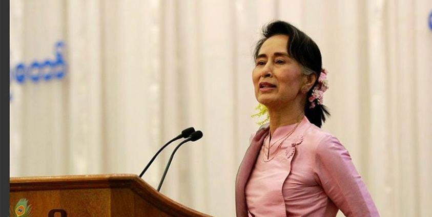 Myanmar's State Counselor Aung San Suu Kyi speaks during a ceremony on International Women's Day at MICC-2 in Nay Pay Taw on 08 March 2017. Photo: Min Min/Mizzima