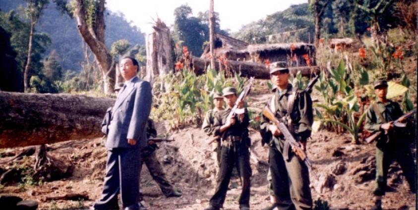 Khaplang at his den flanked by his bodyguards. Photo: samir kar purkayastha/PCDN