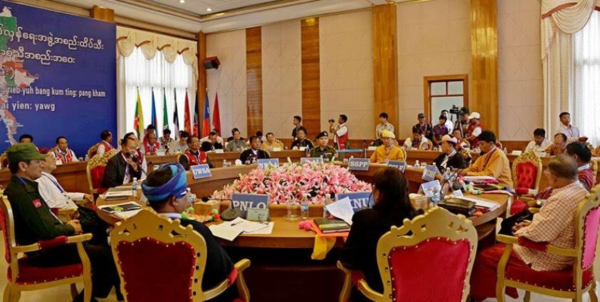 Myanmar ethnic armed group leaders during a meeting at the headquarters of United Wa State Army (UWSA) in Panghsang 01 May 2015. Photo: EPA