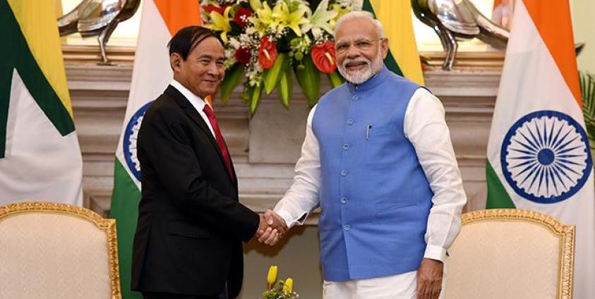 ပုံ - ANI အိန္ဒိယနိုင်ငံသို့ ရောက်ရှိနေေသာ သမ္မတဦးဝင်းမြင့်နဲ့ အိန္ဒိယ ဝန်ကြီးချုပ် မိုဒီတို့ကို တွေ့ရစဉ်။