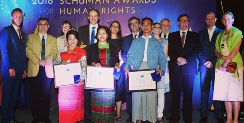 Daw Khin Than Htwe, Cheery Zahau, and Ko Swe Win received Schuman Award for Human Rights (Photo: European Union in Myanmar/Facebook)