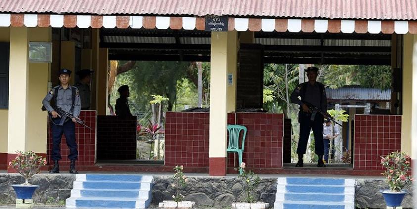 Myanmar border guards stand inside the Kyee Ken Pyin police border guard post near Maungdaw town of Bangladesh-Myanmar border, Rakhine State. Photo: Nyein Chan Naing/EPA