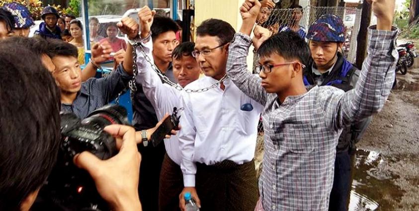 Photo: Three journalists who were arrested in conflict-ridden northern Shan State last month seen at a court on 21 June, 2017. Photo: Ko Myint Thein (Thibaw)