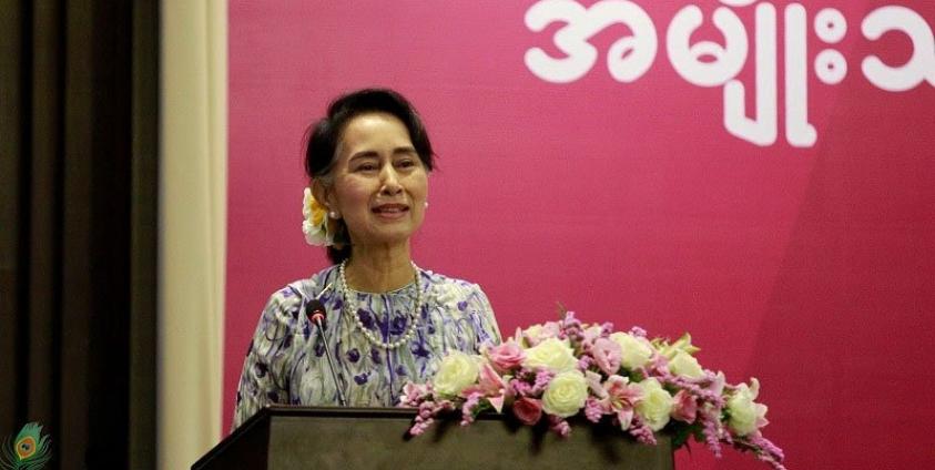 State Counsellor Daw Aung San Suu Kyi gives speech during the opening day of Myanmar Women’s Week Forum at the Kempinski Hotel, Nay Pyi Taw on 6 March 2017. Photo: Min Min/Mizzima