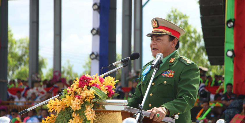 Colonel Chit Thu – addressing his Border Guard Forces in Myawaddy has recently reinforced his camp guarding the Chinese- run Shwe Kokko known as Cyber-scam and trafficking network