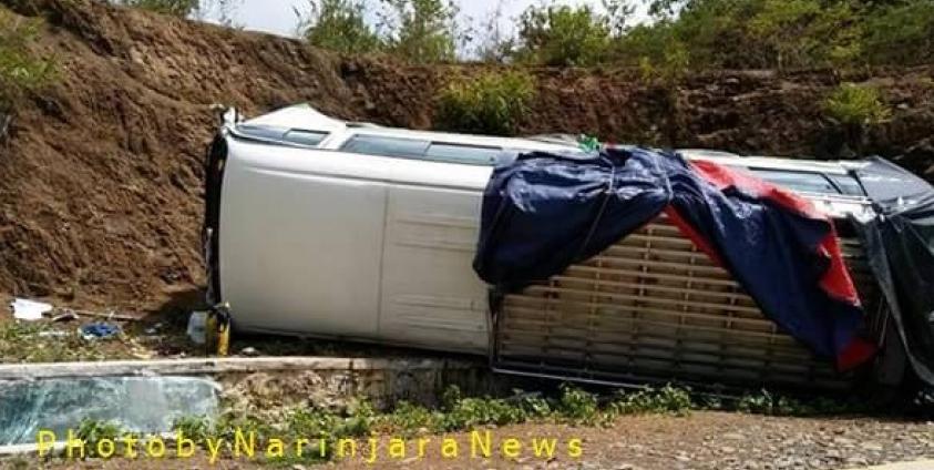 An overturned cargo truck in the aftermath of an accident in Rakhine State.