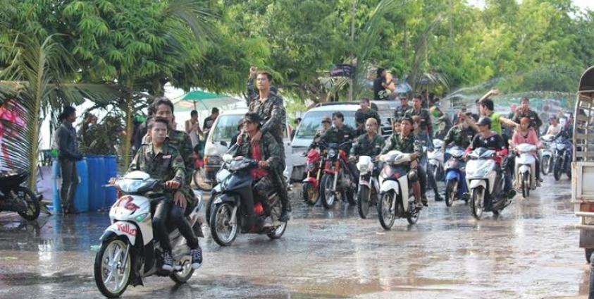 A group on motorcycles at Thingyan festivities in Moulmein, Mon State