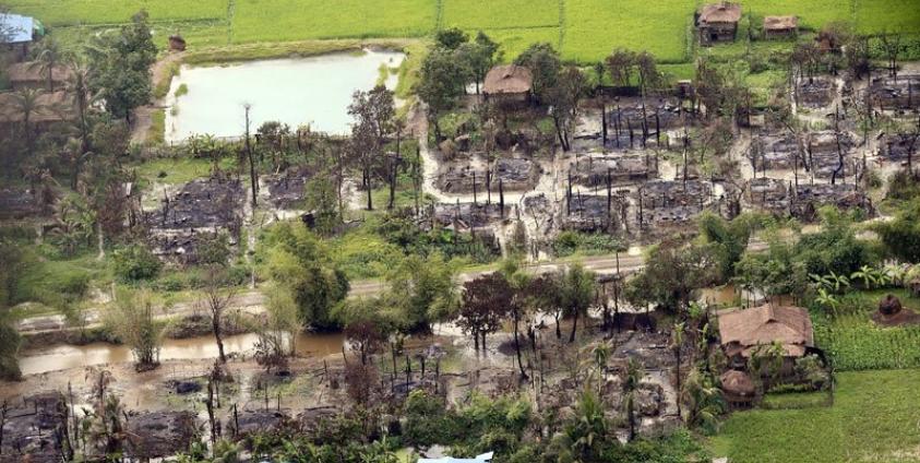 An aerial view showing the burnt-out village near Maungdaw township in Rakhine State, western Myanmar, 27 September 2017. Photo: Nyein Chan Naing/EPA
