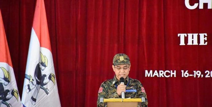 Chin National Front (CNF) chairman Pu Zin Cung delivering address at CNF Congress held at GHQ. Photo: GHQ Chinland/Facebook