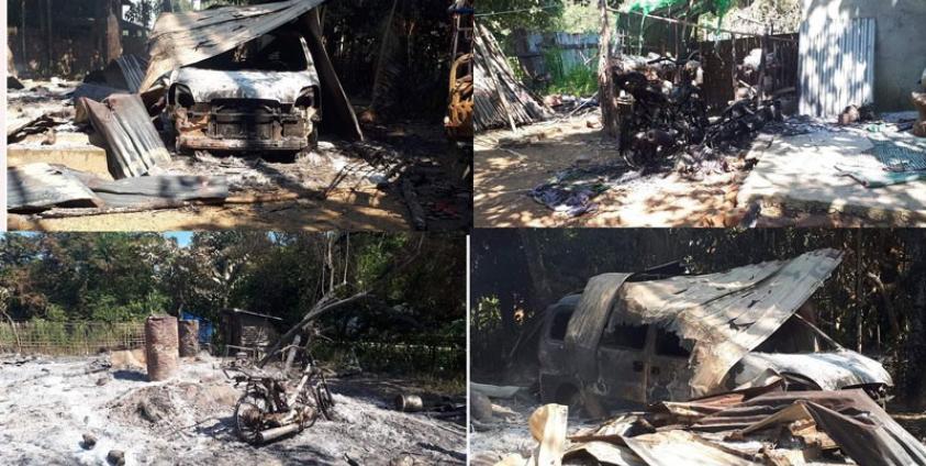 ပုံစာ - စက်တင်ဘာလ ၃ ရက်နေ့က ကျောက်တော်မြို့နယ် ဘုရားပေါင်းနှင့် တောင်ပေါက်ကျေးရွာများအား မီးရှို့ခံခဲ့ရ၍ ပျက်စီးသွားသည့် နေအိမ်နှင့် မော်တော်ယာဉ်များအား တွေ့ရစဉ်။