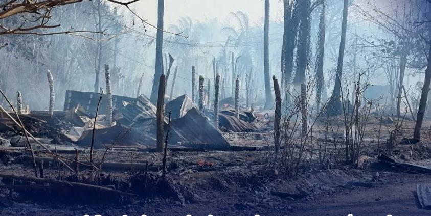 ၂၀၂၅ ခုနှစ်၊ မတ်လ ၇ ရက်က စစ်ကောင်စီ လေကြောင်း ဗုံးကြဲမှုကြောင့် မီးလောင်ပျက်စီးသွားခဲ့သော ကျောက်ဖြူမြို့နယ်၊ ကြတ္တိန်ရွာမြင်ကွင်း။ ဓာတ်ပုံ-APM